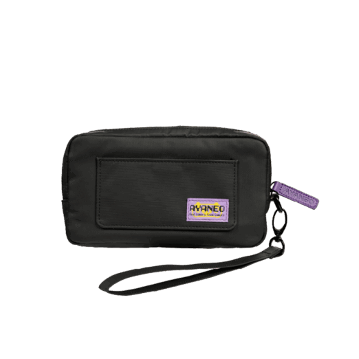 A rectangular black carrying case designed for a handheld gaming device is shown against a plain grey background The case is made of a durable textured fabric and features a small front pocket A purple tag with AYANEO written on it is attached to the zipper A black wrist strap is connected to the case via a small metal carabiner