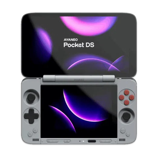 AYANEO Pocket DS dual screen Android gaming handheld in a clamshell design showing the top and bottom screens
