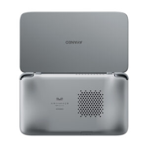 Rear view of the open AYANEO Pocket DS, displaying the AYANEO logo on the back of the top screen and the speaker grille on the main body.