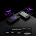 A marketing image showing two AYANEO Pocket DS dual screen handhelds one open and one closed with an infographic below detailing its high performance OLED display specifications like 1080p resolution adjustable 165Hz refresh rate 800 nits brightness and HDR capabilities