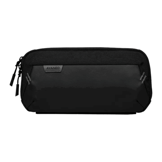 A horizontal black carrying case for a handheld gaming device is shown against a plain grey background The case has a textured top half and a smooth matte bottom half A small dark grey patch with AYANEO in white text is stitched onto the front The case has two zippers and two diagonal reflective stripes on either side of the front panel