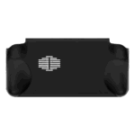 A side view of a single black ergonomic grip accessory for the AYANEO Pocket ACE against a solid grey background The grip features a curved design meant to fit a hand and a slot at the top for attaching to the device