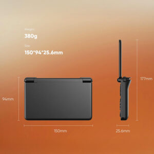 A technical diagram showcasing the dimensions and weight of the AYN Thor handheld gaming console. The background is a gradient of orange and brown. On the left, a front view of the closed device is shown with its width (150mm) and height (94mm) labeled. On the right, a side view of the device with its screen open is shown, with the height (177mm) and thickness (25.6mm) labeled. The top of the image lists the "Weight: 380g" and "Size: 150*94*25.6mm".