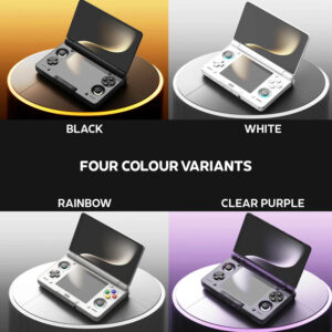 A marketing image displaying "FOUR COLOUR VARIANTS" of the AYN Thor handheld gaming console. The image is divided into four quadrants, each showing a different color model resting on a grey, cylindrical pedestal. Top Left: A black AYN Thor is shown on a pedestal with a golden, glowing light. "BLACK" is written below it. Top Right: A white AYN Thor is shown on a pedestal with a bright white background. "WHITE" is written below it. Bottom Left: A light grey AYN Thor with multi-colored buttons is shown on a pedestal. "RAINBOW" is written below it. Bottom Right: A transparent purple AYN Thor is shown on a pedestal with a purple, glowing light. "CLEAR PURPLE" is written below it.