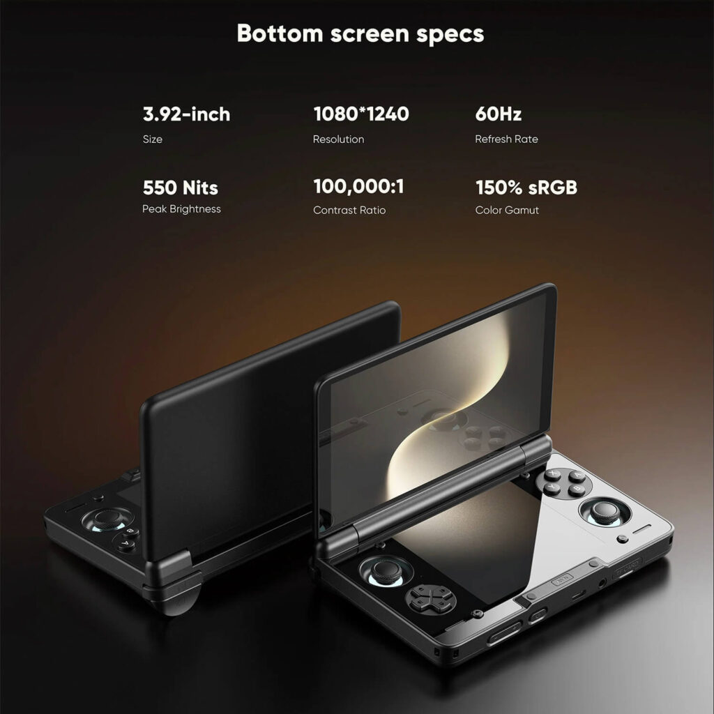 AYN Thor Lite, Base, Pro & MAX 5 A promotional image for the AYN Thor handheld gaming console, highlighting the bottom screen's specifications. The background is a dark, gradient of brown and grey. The top of the image has the title "Bottom screen specs" and six white text boxes detailing the features: "3.92-inch Size", "1080*1240 Resolution", "60Hz Refresh Rate", "550 Nits Peak Brightness", "100,000:1 Contrast Ratio", and "150% sRGB Color Gamut". Below this are two black AYN Thor devices, one with its clamshell open and angled to the viewer, and the other closed and positioned behind it.