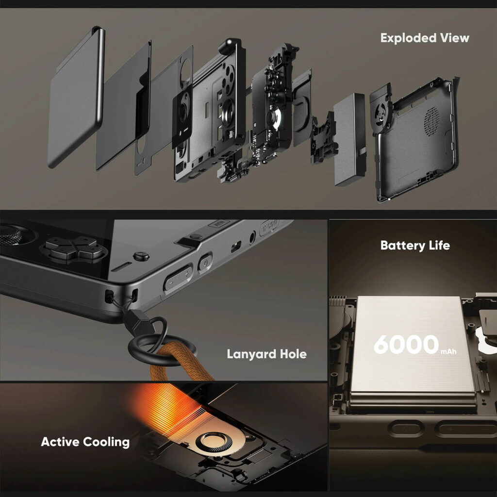 AYN Thor Lite, Base, Pro & MAX 6 A product information graphic for the AYN Thor handheld gaming console, composed of four panels against a dark grey background.
Top Panel: An exploded view of the device showing its components separated in layers, from the screen and top shell to the internal circuit board and back panel. The text "Exploded View" is in the upper right.
Bottom Left Panel: A close-up shot of the side of the device, where a black lanyard with a ring is attached. The text "Lanyard Hole" is next to it.
Bottom Middle Panel: A detailed view of the internal components, with a fan and copper heat sink glowing with an orange light to illustrate "Active Cooling."
Bottom Right Panel: A close-up of a battery inside the device, with a prominent "6000 mAh" text. The text "Battery Life" is in the upper right of the panel.