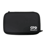 A front facing shot of a closed black hard shell case for the GPD MicroPC 2 against a grey background The case is rectangular with rounded corners and features a white GPD MicroPC 2 logo in the bottom right corner The case is zipped shut