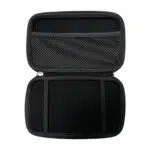 A top down shot of the black hard shell case for the GPD MicroPC 2 opened to reveal its interior The top half of the case has a mesh pocket while the bottom half is empty with two elastic straps meant to hold the device