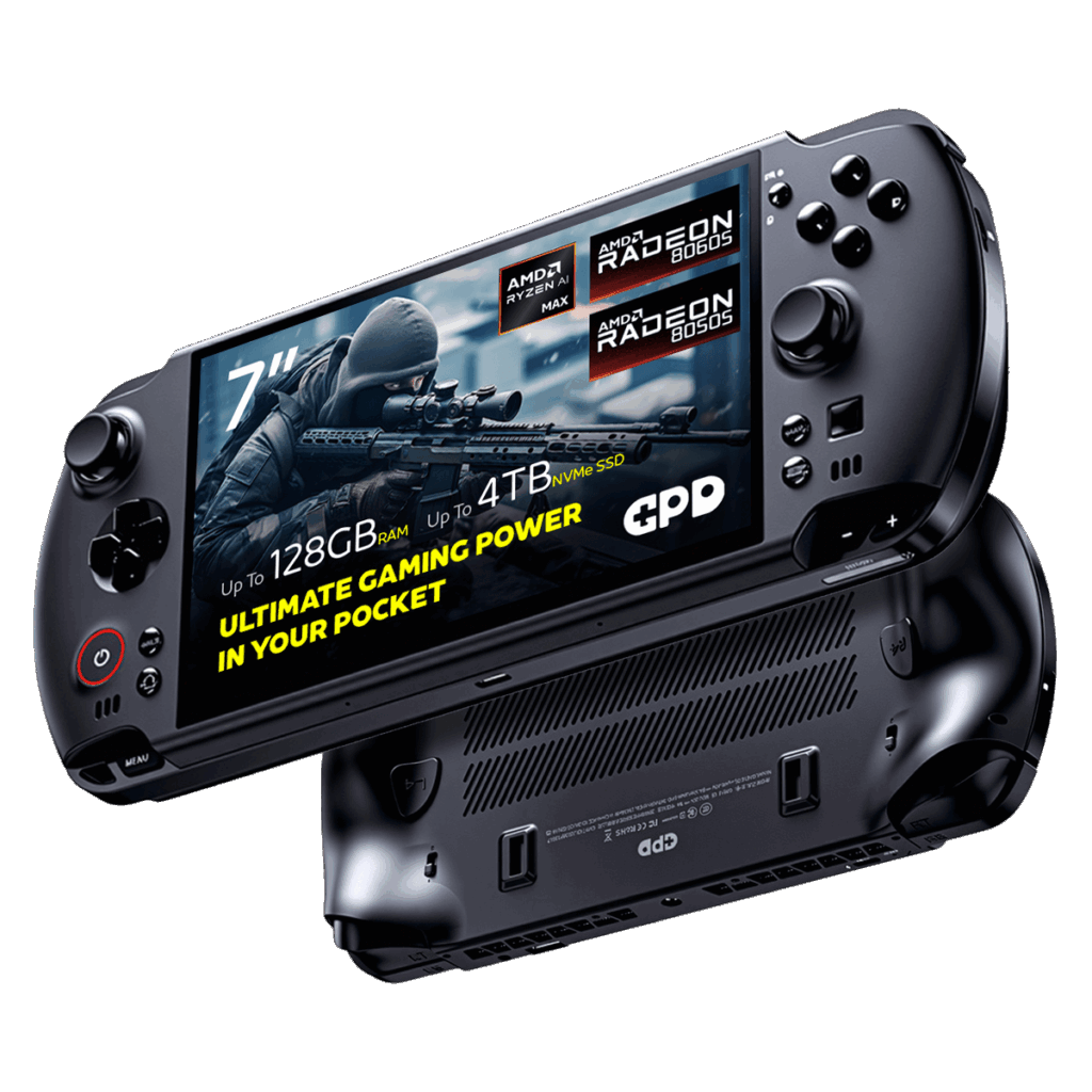 GPD WIN 5 1 A dynamic shot of two black GPD WIN 5 handheld gaming consoles on a black background. The top device is angled to show its screen, which displays a first-person shooter game and features prominent overlays: 7" screen, AMD Ryzen AI Max, AMD Radeon 8060S graphics, 64GB RAM, and 4TB NVMe SSD. The bottom device is flipped over, showing its ergonomic grips and ventilation grilles.