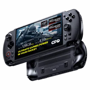A dynamic shot of two black GPD WIN 5 handheld gaming consoles on a black background. The top device is angled to show its screen, which displays a first-person shooter game and features prominent overlays: 7" screen, AMD Ryzen AI Max, AMD Radeon 8060S graphics, 64GB RAM, and 4TB NVMe SSD. The bottom device is flipped over, showing its ergonomic grips and ventilation grilles.