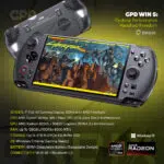 A dynamic infographic showcasing the black GPD WIN 5 handheld gaming console The device is angled with its screen displaying the title screen for the game Cyberpunk 2077 Gangs of Night City   The Board Game The back of another GPD WIN 5 is visible in the background The title reads GPD WIN 5 Desktop Performance Handheld Freedom Below the console a detailed list of maximum specifications is provided 7 Full HD Gaming Display AMD Ryzen™ AI Max 385  Max+ 395 CPU Up To 128GB LPDDR5x RAM Up To 4TB M2 PCIe 40 NVMe SSD and an 80Wh Detachable Battery The Windows 11 logo and AMD Ryzen AI Max and AMD Radeon 8050S logos are also displayed