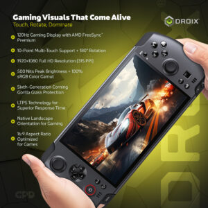 An infographic focusing on the GPD WIN 5's display quality, titled "Gaming Visuals That Come Alive. Touch, Rotate, Dominate." The image shows the device held in two hands at an angle, with the screen displaying a high-speed racing game scene. A list of features is presented next to the screen, including 120Hz Gaming Display with AMD FreeSync™ Premium, 10-Point Multi-Touch Support + 180° Rotation, 1920x1080 Full HD Resolution, 500 Nits Peak Brightness, and Sixth-Generation Corning Gorilla Glass Protection.
