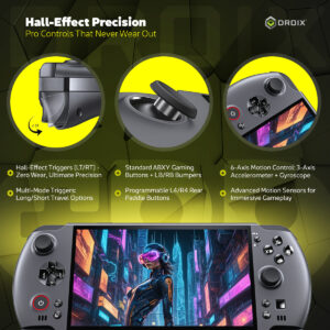 An infographic detailing the Hall-Effect Precision controls of the GPD WIN 5. The device is shown at the bottom with a cyberpunk image on the screen. Three circular insets showcase the controls: the Hall-Effect Triggers with short/long travel options, the Standard ABXY Gaming Buttons and LB/RB Bumpers, and the 6-Axis Motion Control system. The text also highlights Programmable L4/R4 Rear Paddle Buttons.