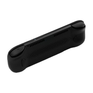 A rear, angled view of a black AYN Odin3 handheld gaming console, isolated against a white background. The image highlights the device's ergonomic grips, the "R2" shoulder button on the left, and the long, perforated ventilation grilles on the back. The AYN logo is visible near the center of the back panel.