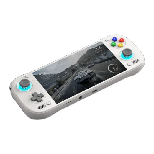 An angled shot of a white AYN Odin3 handheld gaming console against a dark green background The console features a D pad and analog stick on the left and face buttons with an analog stick on the right The face buttons are colored red yellow green and blue Both analog sticks are illuminated with a light blue glow The screen displays a realistic racing game on a snow covered road