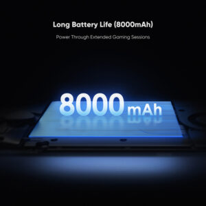 A promotional image for the AYN Odin3's battery life. The text "Long Battery Life (8000mAh) Power Through Extended Gaming Sessions" is at the top of a dark, featureless background. Below the text, a large, glowing blue, rectangular battery graphic is shown with the number "8000 mAh" prominently displayed on its surface.