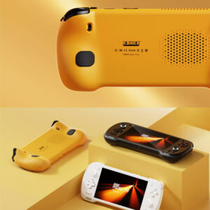 A split-view promotional image of the KONKR Pocket Fit. The top half is a close-up shot of the back of the yellow console, highlighting the KONKR logo and speaker grille. The bottom half shows the yellow console lying on its back on a geometric yellow and orange platform, while the black and white consoles are angled to show their screens and front controls.