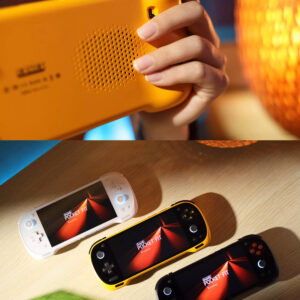 A split-view image showing the KONKR Pocket Fit. The top half is a close-up of a hand holding the back of the yellow console, highlighting the speaker grille. The bottom half shows a top-down view of the white, yellow, and black consoles arranged on a wooden table, each with a glowing orange abstract design on its screen. The white and black consoles feature illuminated joysticks.