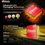 A promotional graphic for the Biwin Mini SSD focusing on its compact size and speed The top section highlights the Advanced LGA Packaging Technology by comparing the 1TB red SSD card to various global coins GBP EUR USD The bottom section features the card again advertising sequential read speeds up to 3700 MBs and write speeds up to 3400 MBs and listing technical specs like PCIe 40 x2 interface and NVMe 14 protocol