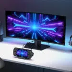 A gaming setup featuring the GPD WIN 5 docked on a white desk in front of a large ultra wide monitor Both the consoles screen and the external monitor display a matching vibrant blue and purple abstract high speed tunnel graphic The scene is lit with atmospheric neon lighting