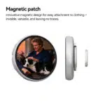 Diagram showing the Magnetic patch attachment system On the left the badge displays a man sitting on a leather couch with a dog To the right a side view of the badge is shown next to a separate small circular magnetic disc illustrating how it attaches to clothing without leaving traces