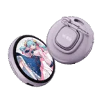 Two circular digital smart badges in a light lavender purple color The front badge features a round LCD screen displaying an anime style girl with blue hair in a pink and blue outfit The rear badge shows the back casing with a safety pin attachment a lanyard hole and the text NN 家族 on a central square button