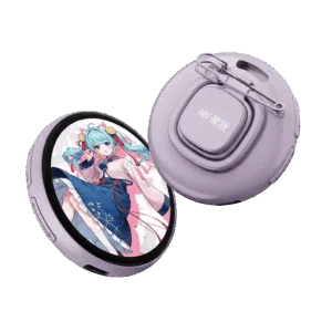 Two circular digital smart badges in a light lavender purple color. The front badge features a round LCD screen displaying an anime-style girl with blue hair in a pink and blue outfit. The rear badge shows the back casing with a safety pin attachment, a lanyard hole, and the text "NN-家族" on a central square button.