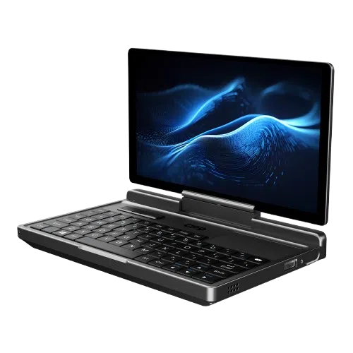 A promotional image for the GPD MicroPC 2, described as "The Ultimate Pocket-Sized Productivity Tool". The open device is shown displaying a CAD or architectural floor plan on its screen, which is also mirrored on a larger external desktop monitor in the background. A prominent "BUY NOW" button is in the bottom right corner.