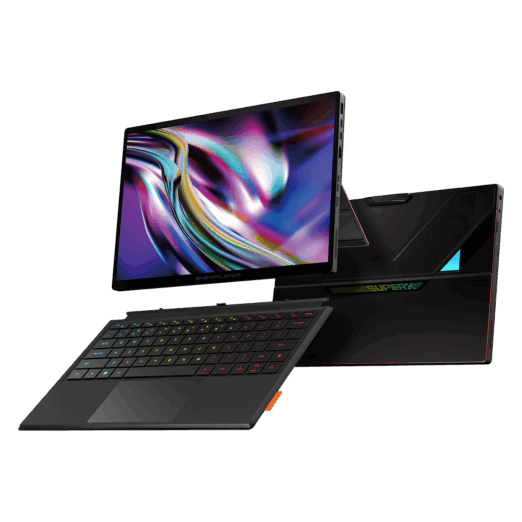 An image featuring the OneXPlayer SuperX a 2 in 1 gaming tablet and laptop The device is shown from three angles Center The tablet stands upright displaying a vibrant fluid abstract wallpaper in shades of purple gold and blue Foreground A slim detachable black keyboard with RGB backlit keys and a trackpad is angled toward the viewer Background The rear of the device is visible showcasing a sleek black matte finish with geometric accents a triangular light up element and the SUPERX logo in a rainbow gradient The overall design is modern and industrial featuring a high resolution display and Harman AudioEFX branding on the back