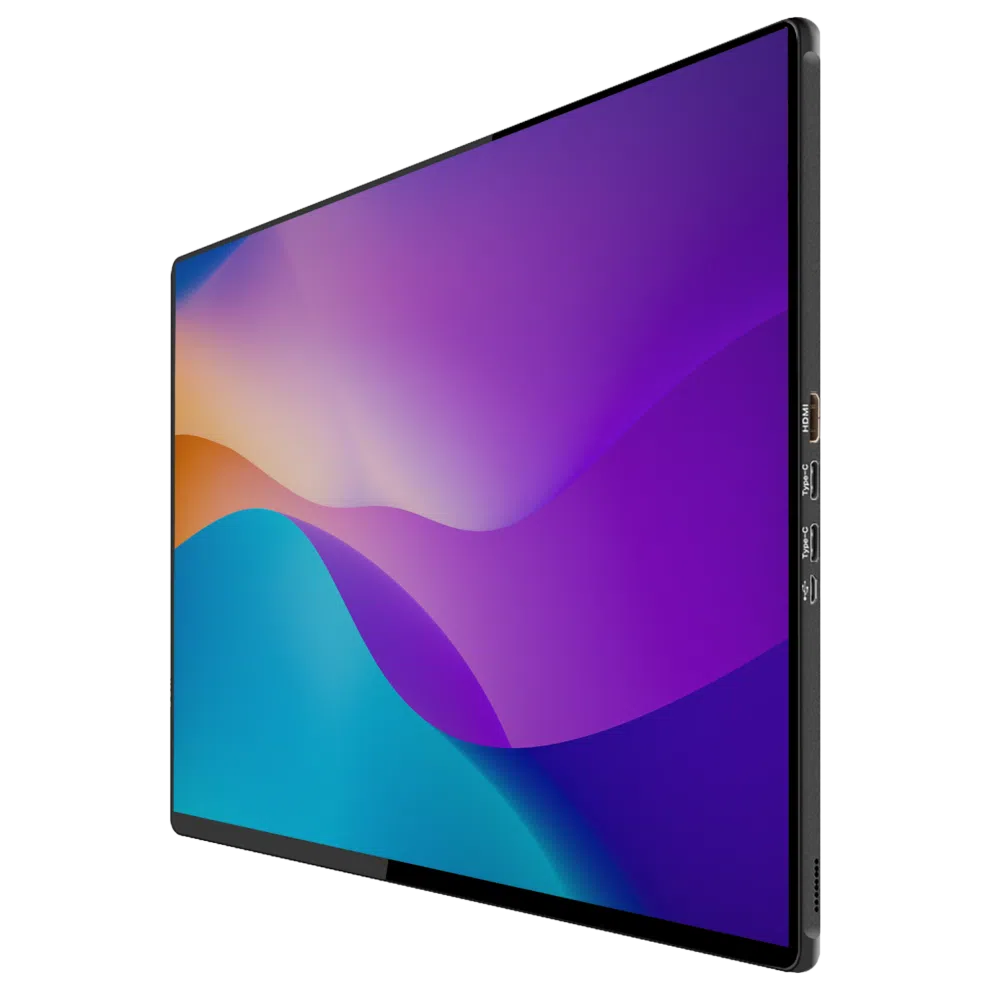 A perspective shot of a sleek, thin 4K 15.6-inch Touch Portable Monitor. The screen displays an abstract wallpaper with vibrant purple, blue, and orange waves. The right side edge shows labels for an HDMI port and two Type-C ports.