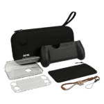 An accessory bundle for the AYN Thor handheld gaming console displayed on a plain white background The collection includes A black hardshell carrying case with a wrist strap and the white AYN logo in the bottom left corner An ergonomic black grip designed to be attached to the console for better handling A transparent protective shell TPU or plastic for the devices exterior A screen protector with precision cutouts for buttons and joysticks A black microfiber cleaning cloth or soft pouch A braided wrist lanyard in shades of brown and tan featuring an AYN branded leather like accent