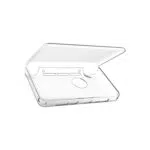 A transparent hardshell protective case for a handheld gaming device shown in an open clamshell like position The clear plastic features precise cutouts along the bottom and sides for ports speakers and buttons ensuring full functionality while protecting the devices exterior