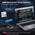A lifestyle image titled 240W Blazing fast Power Delivery It shows the cable connected to a white wall adapter and a MacBook Pro 16 on a desk An on screen graphic compares charging speeds showing PD 31 at 240W reaching 76 charge in 30 minutes significantly faster than PD 30 at 100W 52 or 60W 31