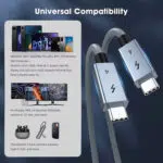 An infographic titled Universal Compatibility The left side lists compatible devices including MacBooks iPads Galaxy phones Pixel phones and Pro Display XDR monitors The right side features a large 3D render of the two USB C cable ends
