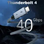 A stylized marketing image with Thunderbolt 4 text at the top A large 3D metallic 40 Gbps logo is intertwined with the braided cable against a dark mountainous landscape background