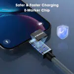 A close up conceptual image titled Safer  Faster Charging E Marker Chip It shows a transparent view of the USB C connector plugged into a smartphone revealing an internal E Marker circuit board and chip that regulates power safely
