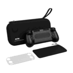 A bundle of black gaming accessories including a hardshell carrying case with the AYN logo an ergonomic handheld console grip a soft storage pouch and a clear screen protector
