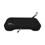 A front facing view of a black hardshell travel case featuring a white AYN logo on the left two molded circular bumps to protect thumbsticks a zippered closure with a branded pull tab and an attached black wrist strap