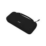 A front facing view of a black hardshell travel case featuring a white AYN logo on the left two molded circular bumps to protect thumbsticks a zippered closure with a branded pull tab and an attached black wrist strap