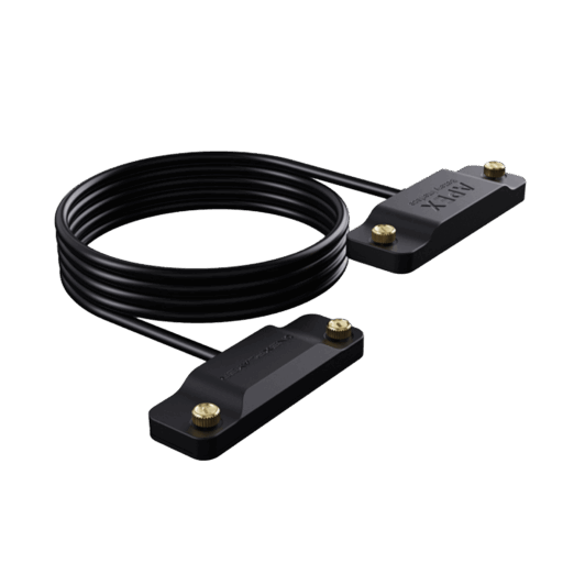 An image of the ONEXPLAYER APEX Battery Interface cable The product consists of a long coiled black cable connecting two identical rectangular black plastic blocks Each block features the APEX battery interface logo embossed on the top surface and is equipped with two small gold colored knurled thumbscrews at the ends for secure attachment The entire assembly is displayed against a solid black background