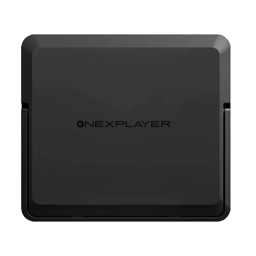 A top down view of a matte black square electronic device featuring the ONEXPLAYER logo centered on the lid The device has rounded corners beveled edges and a visible hinge mechanism on the left and right sides suggesting it is a foldable or clamshell style handheld gaming console or laptop accessory The entire object is set against a solid black background