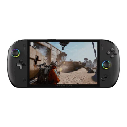 A sleek black handheld gaming console the ONEXPLAYER is shown from a direct front facing view against a solid white background Key Visual Details Screen A large vibrant display fills the center showing a third person shooter video game set in a dusty industrial desert environment A character in an orange suit is visible in the foreground Controls  Left Side Features a circular joystick with a multi colored RGB LED ring and a classic cross shaped D pad Right Side Features four action buttons labeled X Y A B a second joystick with a matching RGB ring and a dedicated ONEX button near the bottom Design The device has a rounded ergonomic pill shape with a matte black finish The ONEXPLAYER branding is subtly printed centered just below the screen