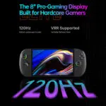 Promotional graphic for the OneXPlayer Apex highlighting an 8 inch 120Hz Pro Gaming display with VRR support