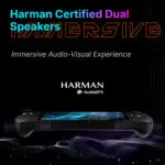 Marketing graphic for the OneXPlayer Apex handheld gaming console The top text reads Harman Certified Dual Speakers in cyan and purple overlaid on a large orange outlined word IMMERSIVE Below this it says Immersive Audio Visual Experience and displays the Harman AudioEFX logo The center of the image shows the bottom edge of a black handheld gaming device with glowing RGB joysticks Stylized sound waves emanate from speaker grilles located on the textured controller grips The bottom of the frame features a flowing wave like pattern of white digital dots against a black background