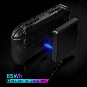 Close-up of the back of the device showing a removable 85Wh high-capacity battery being inserted.