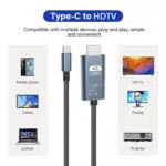 A product infographic titled Type C to HDTV It features a center image of a grey Type C to HDMI adapter cable with a 4K UHD label Two columns illustrate compatibility the left column shows icons for mobile phones tablets and laptops the right column shows icons for HDTVs monitors and projectors The text states the device is Compatible with multiple devices plug and play simple and convenient